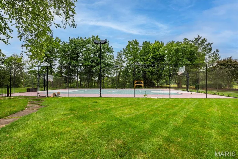 Basketball court has night lights and with some modifications could be a tennis or pickleball court — 4 Slate River Way, Wentzville, MO 63385