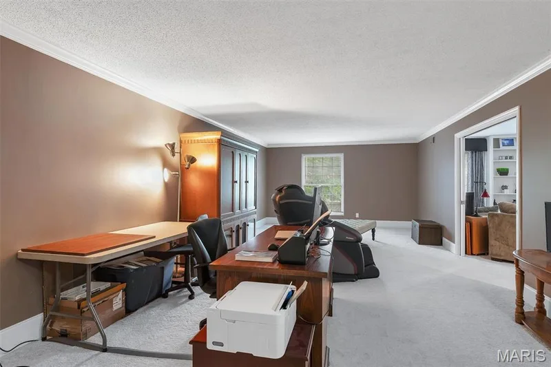 Office featuring ornamental molding, a textured ceiling, and light colored carpet — 1511 Hampton Hall Drive #19 & 20, Chesterfield, MO 63017