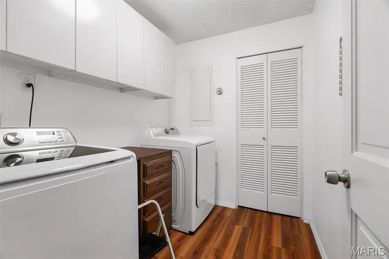 Laundry room featuring washer and clothes dryer, dark wood-style flooring, cabinet space, and electric panel — 1511 Hampton Hall Drive #19 & 20, Chesterfield, MO 63017