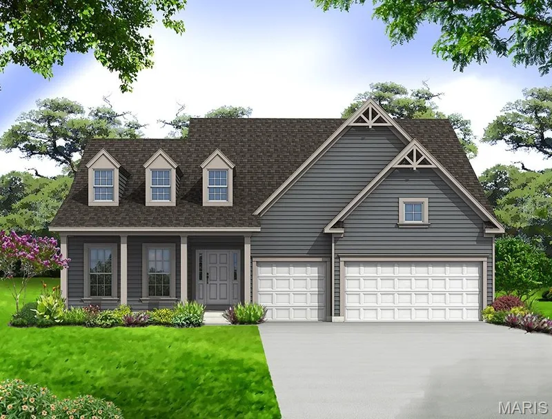 View of front facade with roof with shingles, a front yard, driveway, covered porch, and a garage — 0 Braxton @ Montage at Hawk Ridge, Lake St. Louis, MO 63367