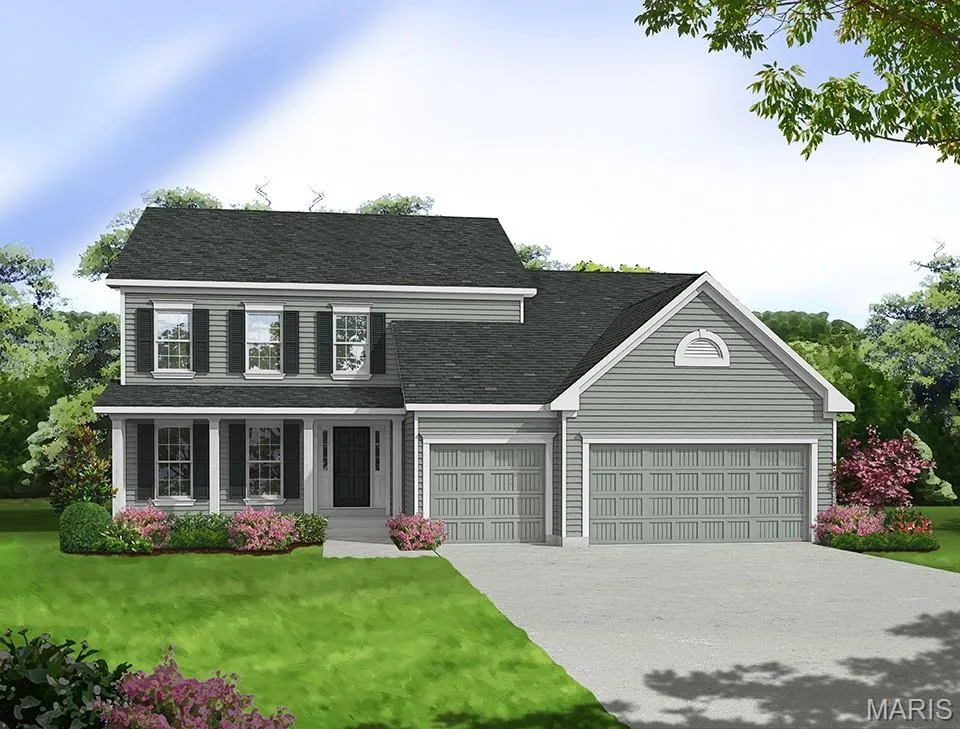 View of front facade with a porch, concrete driveway, a front lawn, and a shingled roof — 0 Bridgeport - Montage at Hawk Ridge, Lake St. Louis, MO 63367