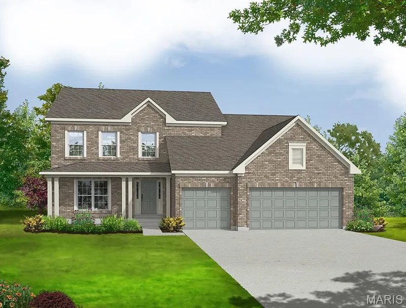 View of front of house with brick siding, driveway, roof with shingles, a front lawn, and an attached garage — 0 Bridgeport - Montage at Hawk Ridge, Lake St. Louis, MO 63367