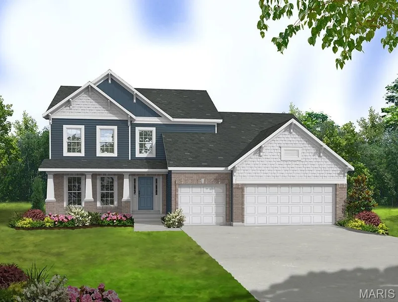 Craftsman-style home with driveway, a front yard, an attached garage, brick siding, and covered porch — 0 Bridgeport - Montage at Hawk Ridge, Lake St. Louis, MO 63367