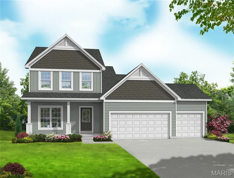 View of front of house with covered porch, a front yard, driveway, and an attached garage — 0 Chesapeake @ Montage at Hawk Ridge, Lake St. Louis, MO 63367