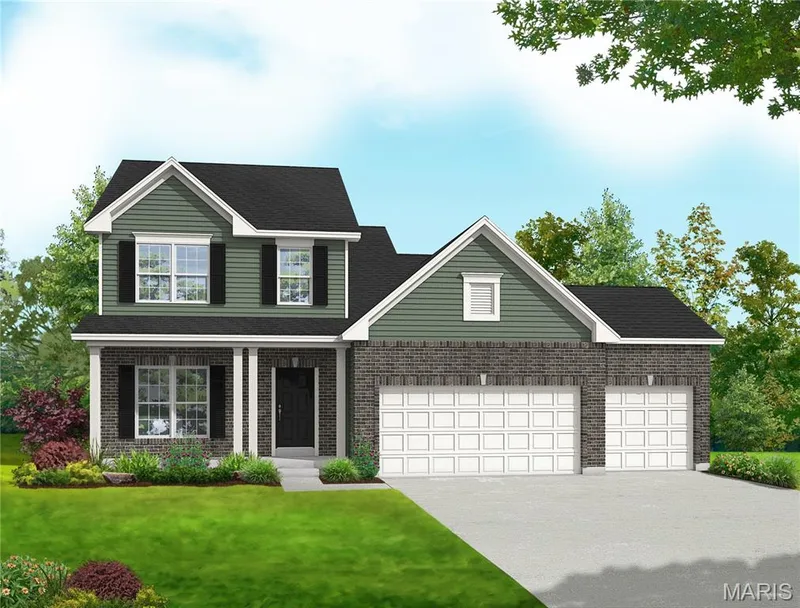 Traditional home with brick siding, covered porch, a front yard, and concrete driveway — 0 Chesapeake @ Montage at Hawk Ridge, Lake St. Louis, MO 63367