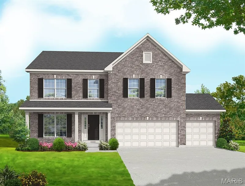 Traditional-style house with a front yard, covered porch, concrete driveway, and brick siding — 0 Lancaster @ Montage at Hawk Ridge, Lake St. Louis, MO 63367