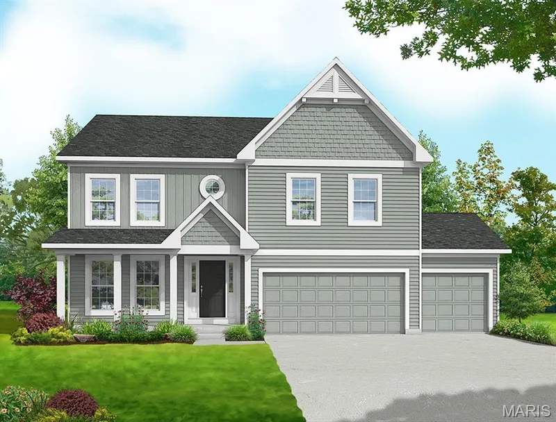 View of front facade with a front lawn, driveway, an attached garage, and a shingled roof — 0 Lancaster @ Montage at Hawk Ridge, Lake St. Louis, MO 63367