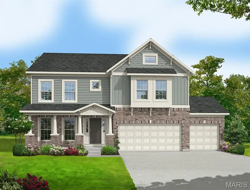 Craftsman-style house featuring concrete driveway, a front yard, brick siding, and a shingled roof — 0 Lancaster @ Montage at Hawk Ridge, Lake St. Louis, MO 63367