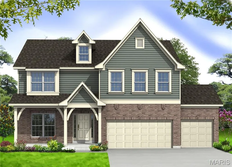 View of front of home with concrete driveway, a front lawn, a garage, and brick siding — 0 Lancaster @ Montage at Hawk Ridge, Lake St. Louis, MO 63367