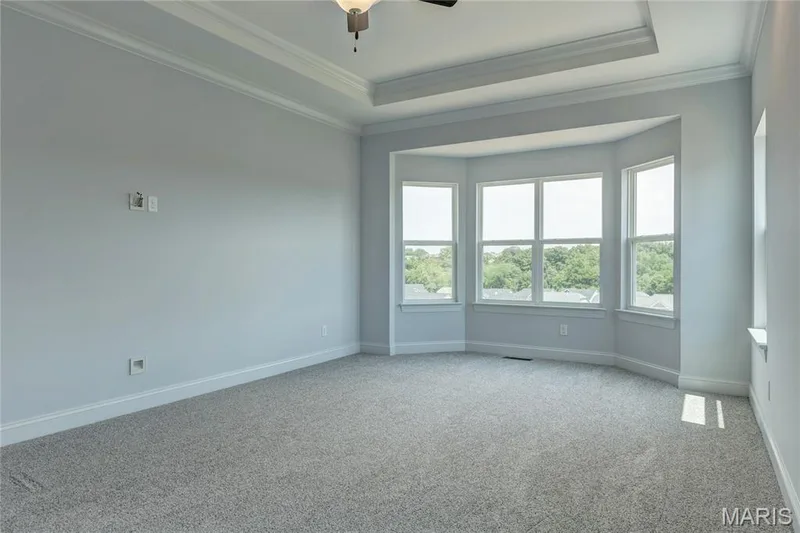 Carpeted empty room featuring a tray ceiling, plenty of natural light, ornamental molding, and ceiling fan — 0 Pierce @ Montage at Hawk Ridge, Lake St. Louis, MO 63367