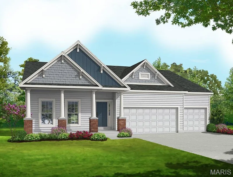Craftsman inspired home featuring a porch, a front lawn, driveway, a garage, and board and batten siding — 0 Sierra @ Montage at Hawk Ridge, Lake St. Louis, MO 63367