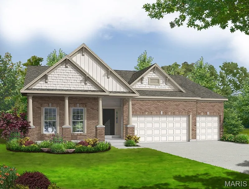 Craftsman-style home featuring brick siding, covered porch, a front yard, concrete driveway, and an attached garage — 0 Sierra @ Montage at Hawk Ridge, Lake St. Louis, MO 63367