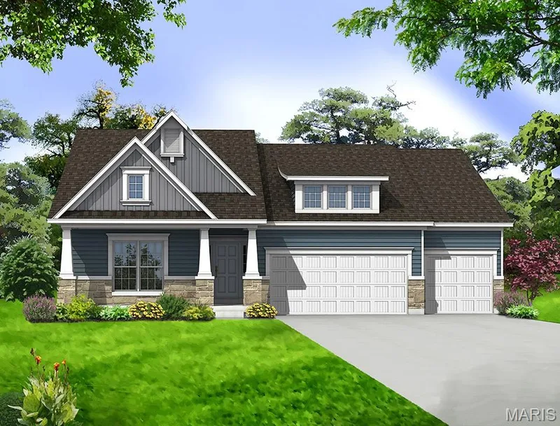 Craftsman house with stone siding, a front lawn, roof with shingles, concrete driveway, and board and batten siding — 0 Sierra @ Montage at Hawk Ridge, Lake St. Louis, MO 63367
