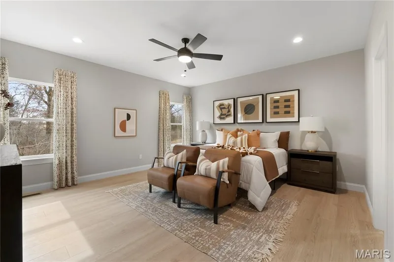 Bedroom with light wood-type flooring, recessed lighting, and ceiling fan — 0 Sierra @ Montage at Hawk Ridge, Lake St. Louis, MO 63367