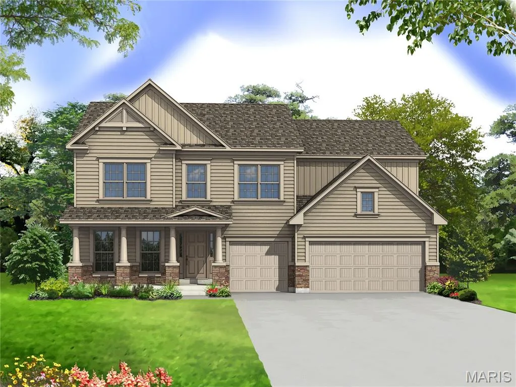 View of front of house featuring board and batten siding, driveway, a front yard, covered porch, and a garage — 0 Windsor @ Montage at Hawk Ridge, Lake St. Louis, MO 63367
