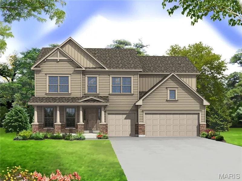 View of front of house featuring board and batten siding, driveway, a front yard, covered porch, and a garage — 0 Windsor @ Montage at Hawk Ridge, Lake St. Louis, MO 63367