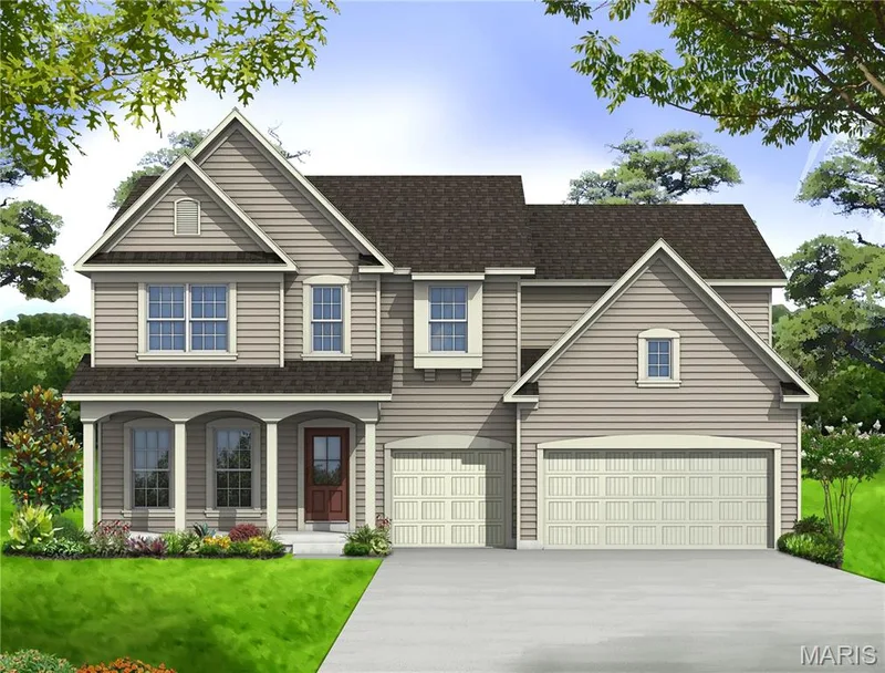 Traditional home with covered porch, concrete driveway, an attached garage, a front lawn, and roof with shingles — 0 Windsor @ Montage at Hawk Ridge, Lake St. Louis, MO 63367