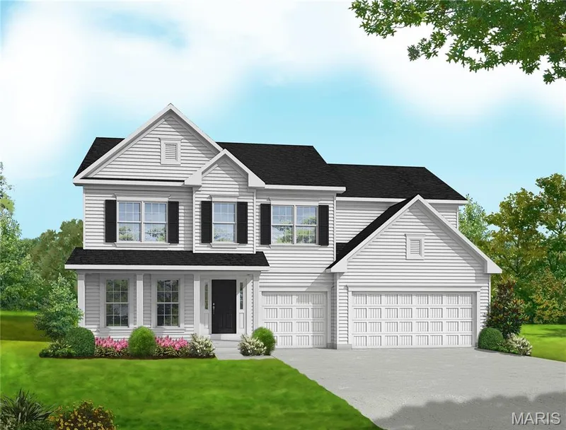 Traditional-style house featuring a front lawn, a shingled roof, concrete driveway, covered porch, and a garage — 0 Windsor @ Montage at Hawk Ridge, Lake St. Louis, MO 63367