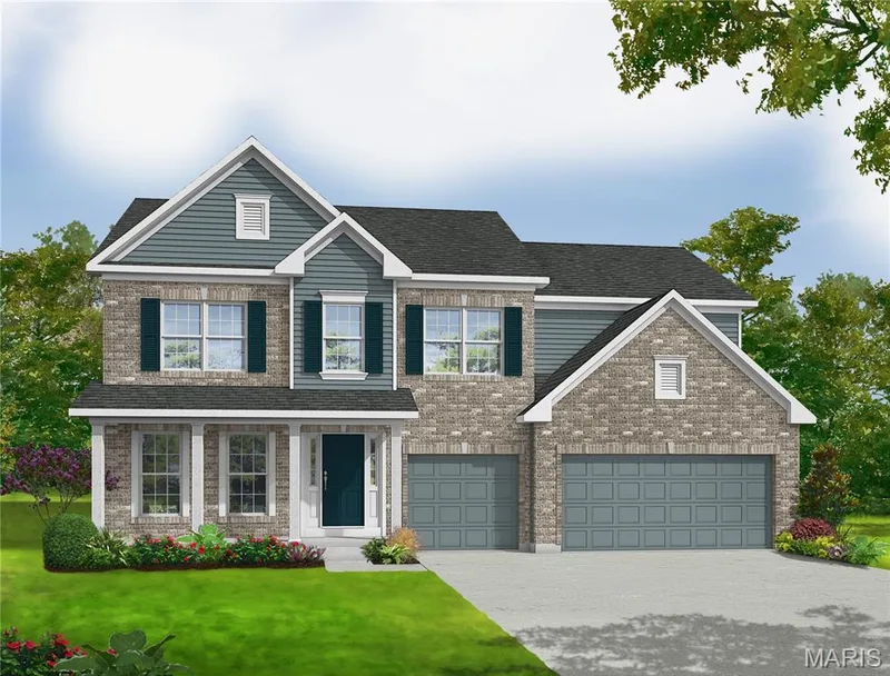 View of front of home featuring driveway, a front yard, brick siding, an attached garage, and a shingled roof — 0 Windsor @ Montage at Hawk Ridge, Lake St. Louis, MO 63367