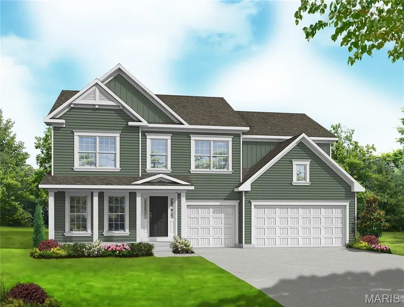 View of front of property featuring a shingled roof, driveway, an attached garage, a front lawn, and board and batten siding — 0 Windsor @ Montage at Hawk Ridge, Lake St. Louis, MO 63367
