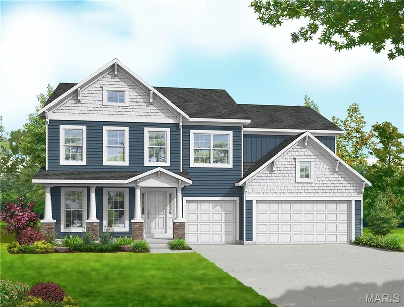 Craftsman inspired home with driveway, roof with shingles, a front yard, a garage, and covered porch — 0 Windsor @ Montage at Hawk Ridge, Lake St. Louis, MO 63367