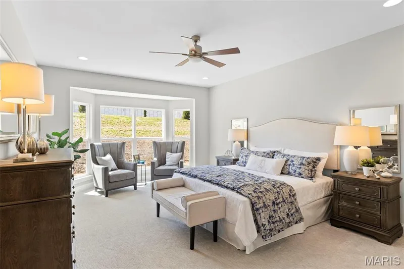 Bedroom featuring light carpet, a ceiling fan, and recessed lighting — 2 Pin Oak at Hawk Ridge Estate, Lake St. Louis, MO 63367