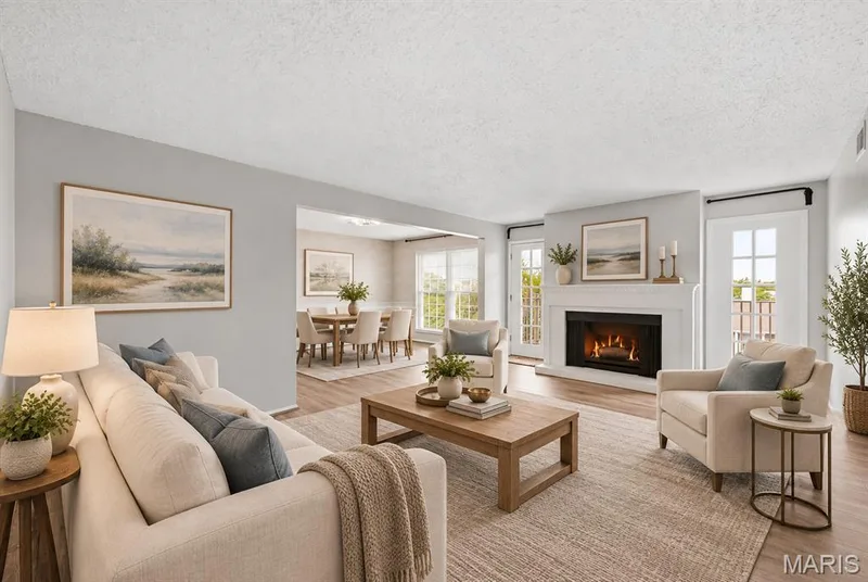 Fireplace with a white mantel, wood-finish flooring, and white French doors — 14443 Bantry Lane #16, Chesterfield, MO 63017