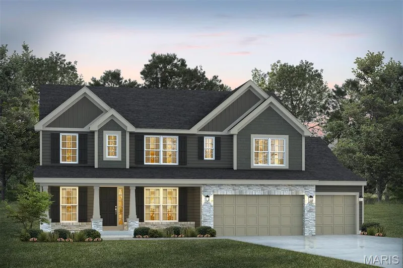 Craftsman-style home with a porch, driveway, stone siding, and a yard — 1 TBB Princeton @ Kreder Farms, St Charles, MO 63304