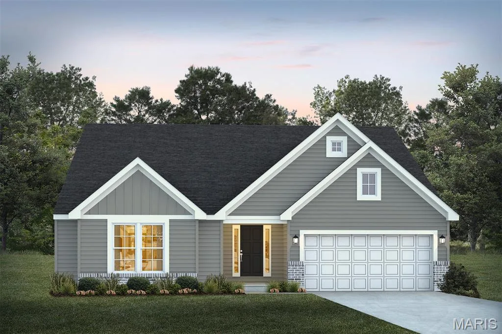 View of front of house with board and batten siding, concrete driveway, a shingled roof, and a front lawn — 1 TBB Edgewood @ Kreder Farms, St Charles, MO 63304