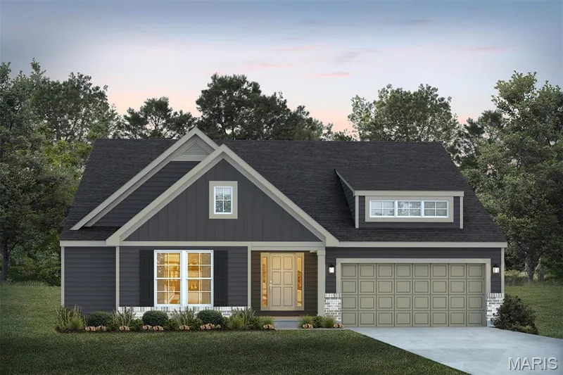 View of front of house featuring board and batten siding, a front yard, concrete driveway, and a shingled roof — 1 TBB Edgewood @ Kreder Farms, St Charles, MO 63304