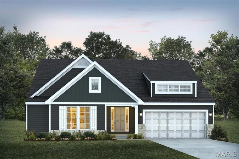 View of front of house with board and batten siding, a front yard, driveway, and a shingled roof — 1 TBB Edgewood @ Kreder Farms, St Charles, MO 63304