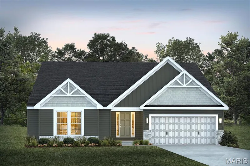 View of front facade featuring board and batten siding, a front yard, concrete driveway, and an attached garage — 1 TBB Edgewood @ Kreder Farms, St Charles, MO 63304