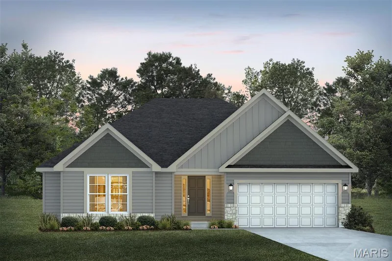 View of front of home featuring a front lawn, concrete driveway, board and batten siding, and an attached garage — 1 TBB Edgewood @ Kreder Farms, St Charles, MO 63304