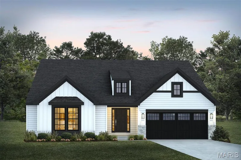 Modern farmhouse featuring board and batten siding, driveway, and a front yard — 1 TBB Edgewood @ Kreder Farms, St Charles, MO 63304