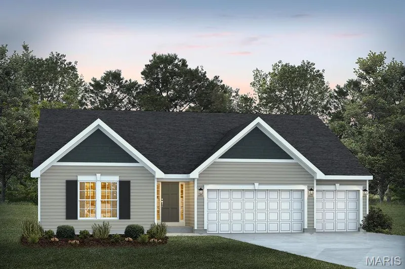 View of front of house featuring concrete driveway, an attached garage, a front yard, and roof with shingles — 1 TBB Canterbury @ Kreder Farms, St Charles, MO 63304