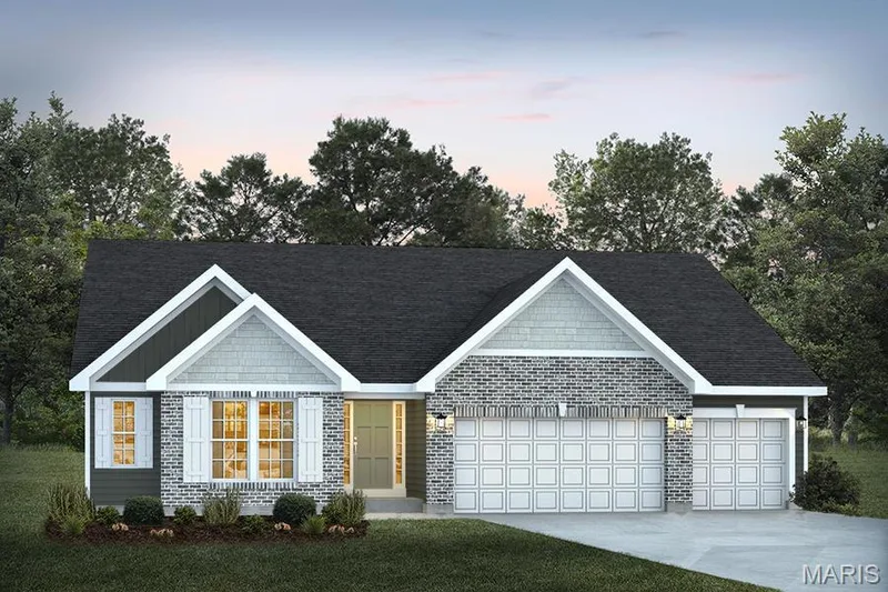 Ranch-style home with concrete driveway, an attached garage, a front lawn, brick siding, and a shingled roof — 1 TBB Canterbury @ Kreder Farms, St Charles, MO 63304