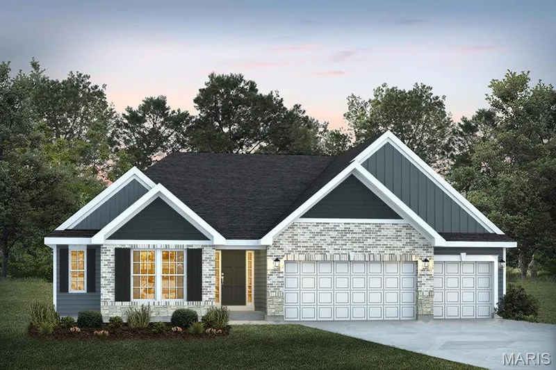 Craftsman inspired home with concrete driveway, board and batten siding, a garage, and stone siding — 1 TBB Canterbury @ Kreder Farms, St Charles, MO 63304