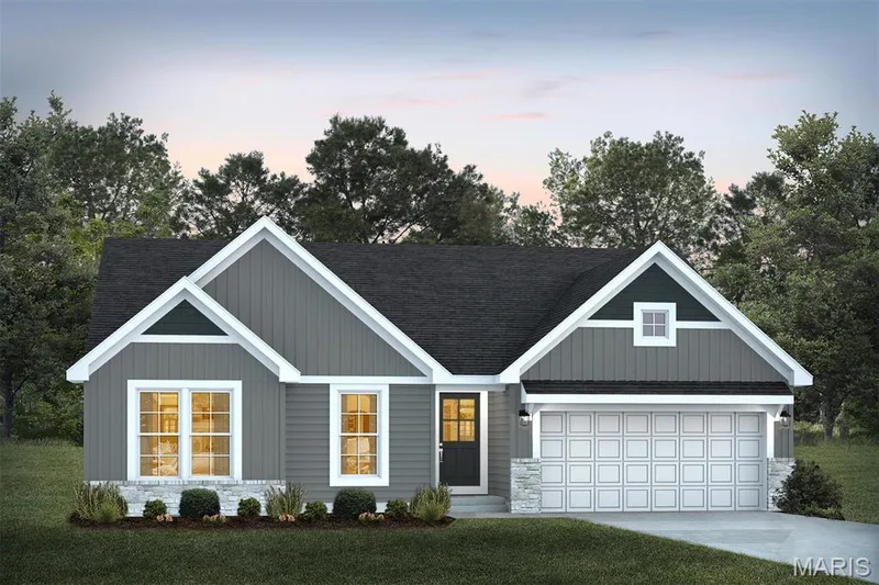 View of front facade with stone siding, concrete driveway, and a yard — 1 TBB Rochester @ Kreder Farms, St Charles, MO 63304