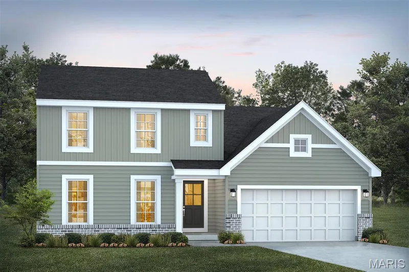 View of front of house featuring board and batten siding, roof with shingles, concrete driveway, a garage, and a yard — 1 TBB Sienna @ Kreder Farms, St Charles, MO 63304
