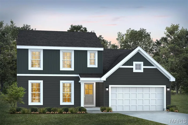 View of front of property with a garage, driveway, a front yard, and board and batten siding — 1 TBB Sienna @ Kreder Farms, St Charles, MO 63304