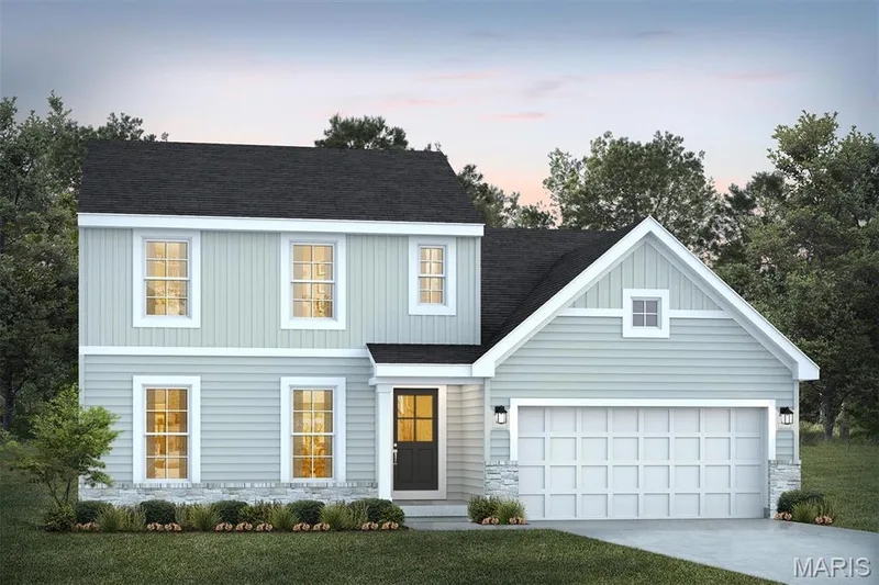 View of front of property with board and batten siding, roof with shingles, a garage, concrete driveway, and a yard — 1 TBB Sienna @ Kreder Farms, St Charles, MO 63304