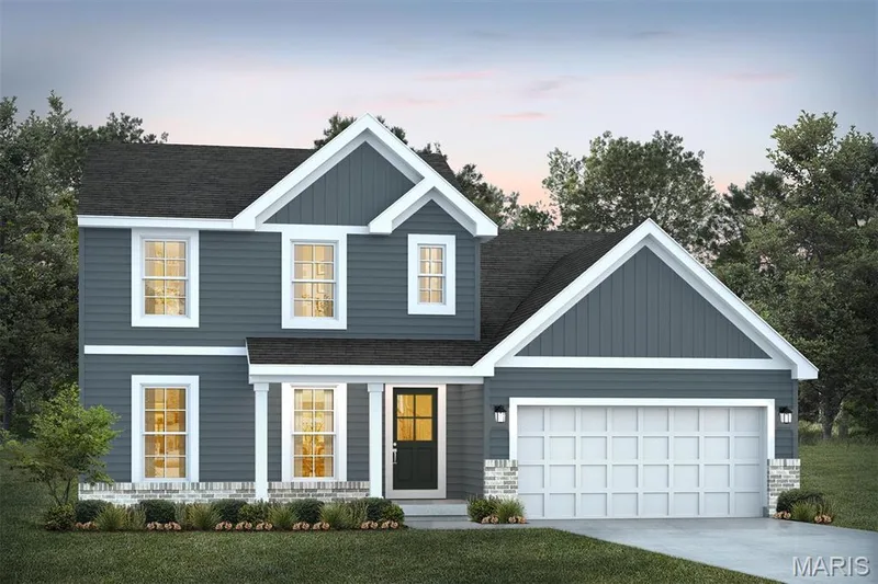 View of front of house with a shingled roof, board and batten siding, concrete driveway, and a front yard — 1 TBB Sienna @ Kreder Farms, St Charles, MO 63304