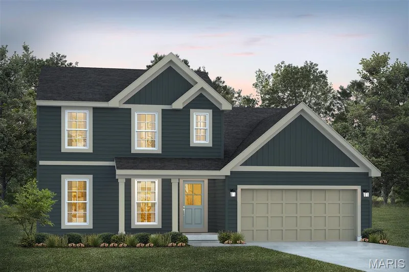 View of front of property featuring roof with shingles, concrete driveway, a yard, and board and batten siding — 1 TBB Sienna @ Kreder Farms, St Charles, MO 63304
