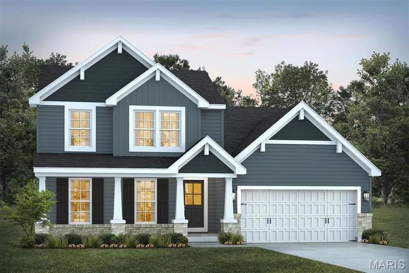 Craftsman house featuring stone siding, covered porch, concrete driveway, board and batten siding, and a lawn — 1 TBB Sienna @ Kreder Farms, St Charles, MO 63304