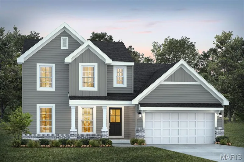 View of front facade featuring driveway, a shingled roof, a front yard, and board and batten siding — 1 TBB Sienna @ Kreder Farms, St Charles, MO 63304