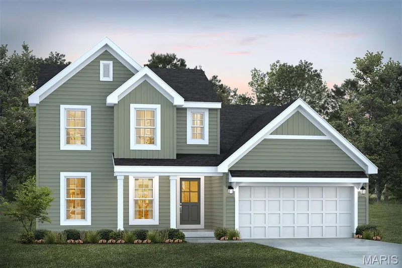 View of front of house with concrete driveway, board and batten siding, roof with shingles, and an attached garage — 1 TBB Sienna @ Kreder Farms, St Charles, MO 63304