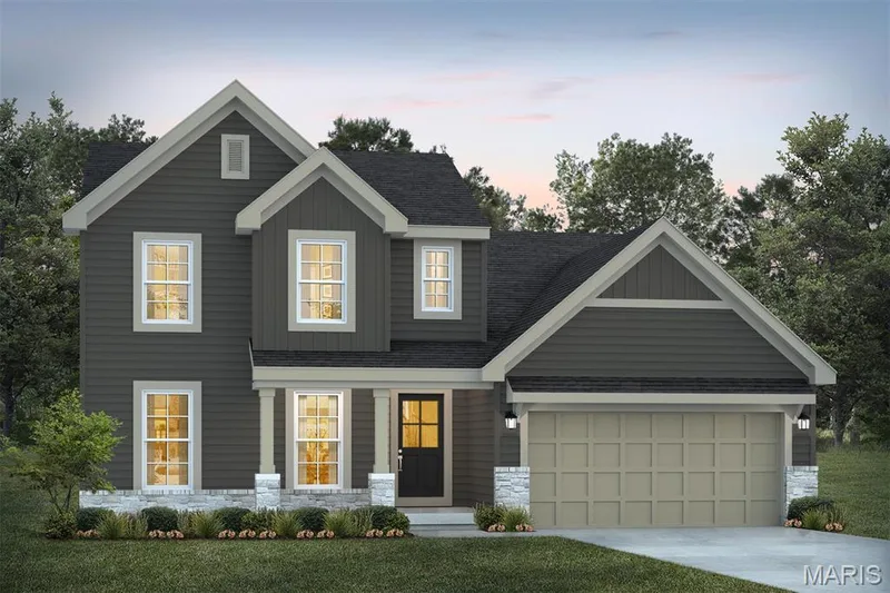 View of front facade featuring stone siding, concrete driveway, roof with shingles, and a front yard — 1 TBB Sienna @ Kreder Farms, St Charles, MO 63304