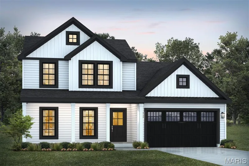 Modern farmhouse style home featuring a shingled roof, concrete driveway, board and batten siding, and a yard — 1 TBB Sienna @ Kreder Farms, St Charles, MO 63304