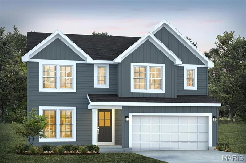 View of front of property with roof with shingles, driveway, an attached garage, board and batten siding, and a lawn — 1 TBB Barkley @ Kreder Farms, St Charles, MO 63304