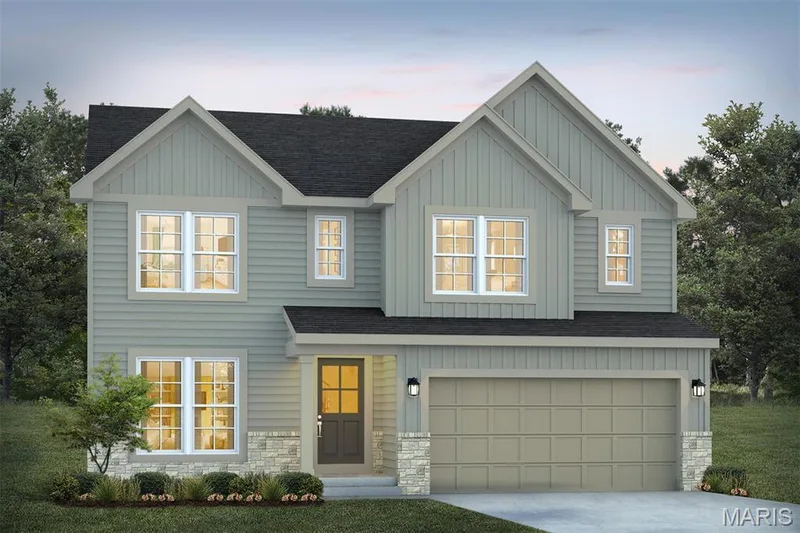 View of front facade featuring roof with shingles, board and batten siding, stone siding, and an attached garage — 1 TBB Barkley @ Kreder Farms, St Charles, MO 63304